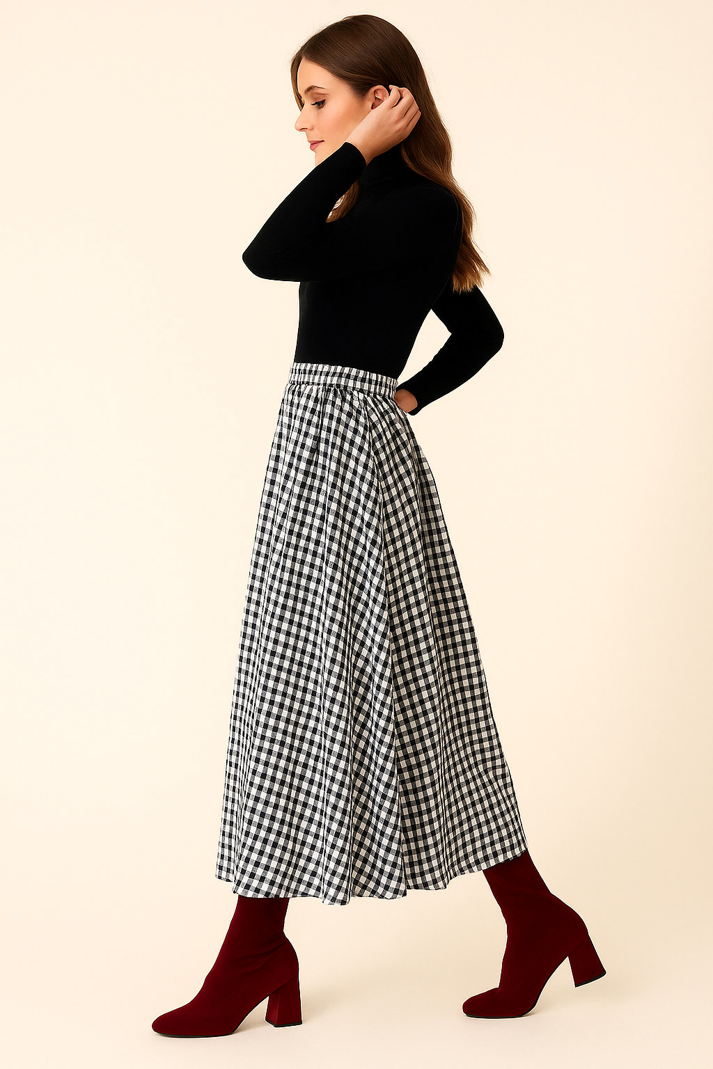 THE AUDREY GINGHAM CHECKED MIDI BLACK & WHITE SKIRT