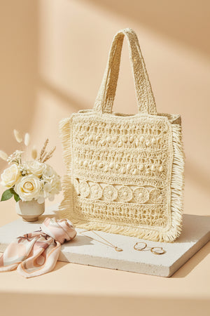 Straw braided fringe square tote bag, front view