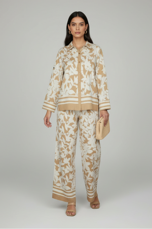Floral button-down top and wide leg pants in beige
