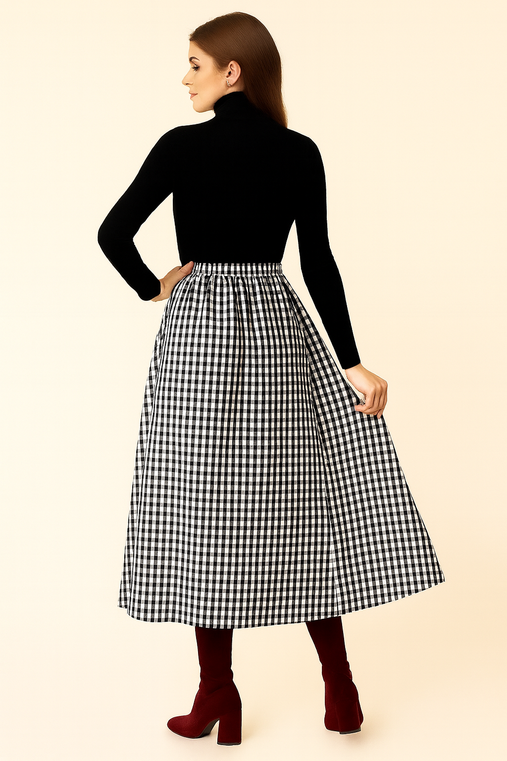 THE AUDREY GINGHAM CHECKED MIDI BLACK & WHITE SKIRT