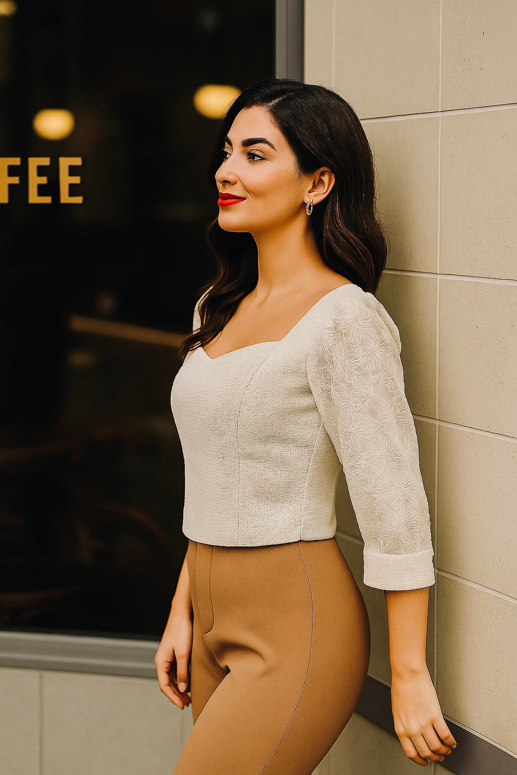 TULLE THEORY NATURAL COLOR LACE SLEEVE TWEED TOP