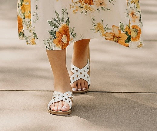 THE KYLIE WHITE STUDDED CROSS BAND SANDALS