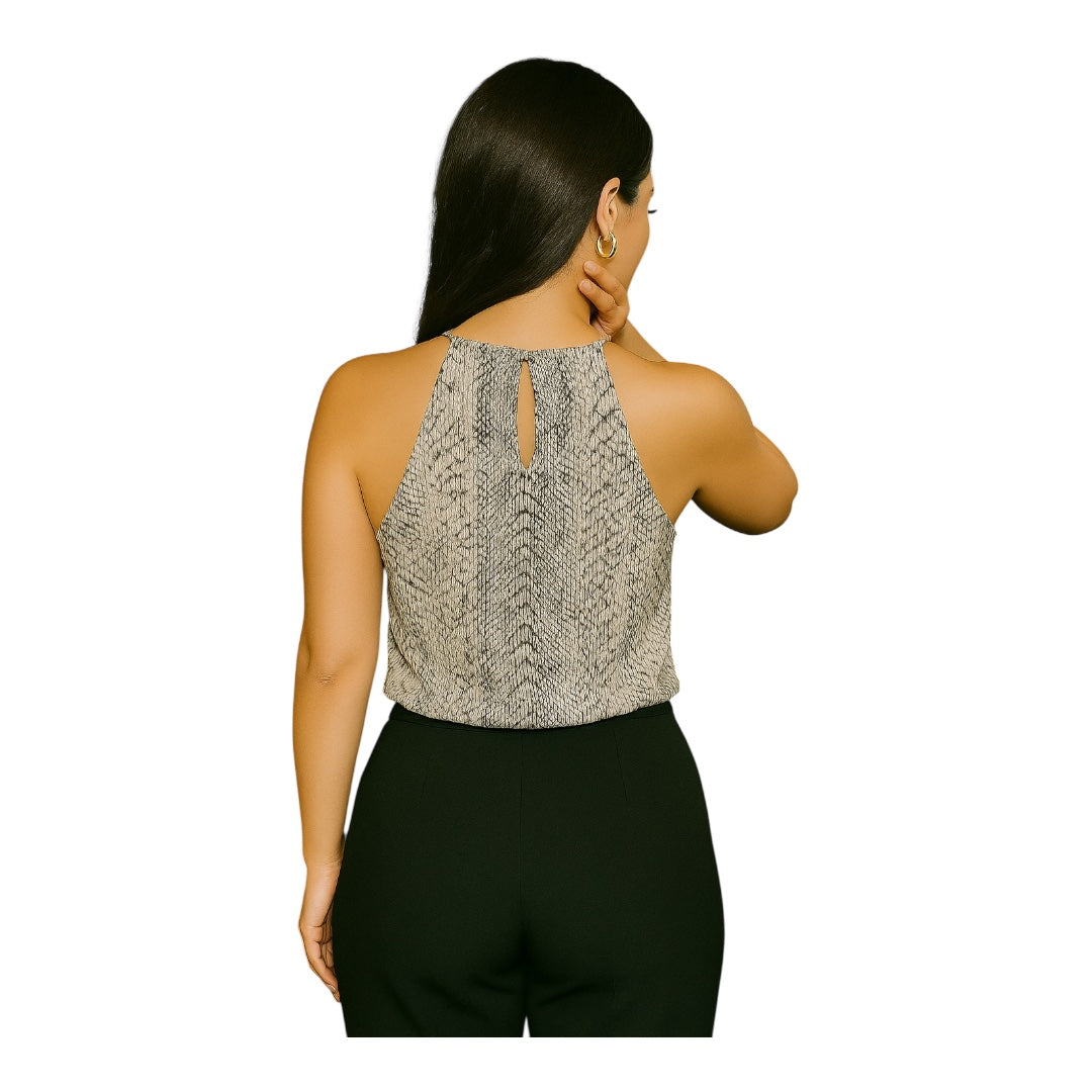 PYTHON CHIC PLISSE BLACK & CREAM SNAKE PRINT HALTER TOP
