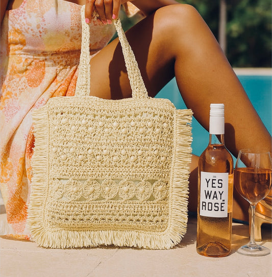 SUNLACE STRAW BRAIDED FRINGE TOTE BAG