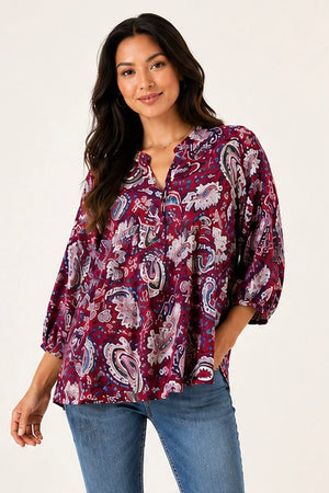 Wine paisley tiered baby doll tunic top, front view