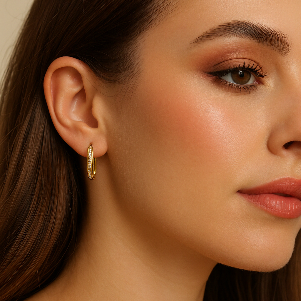 Gold Dipped Cz Pave Edge Oval Hoop Earrings