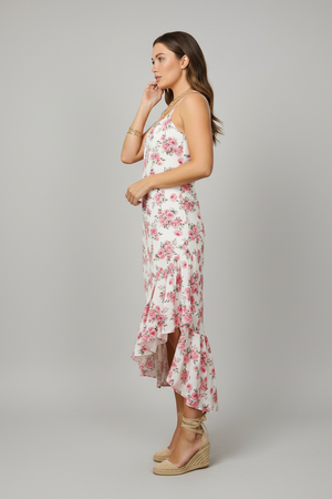 Ruffle hem high-low floral midi dress