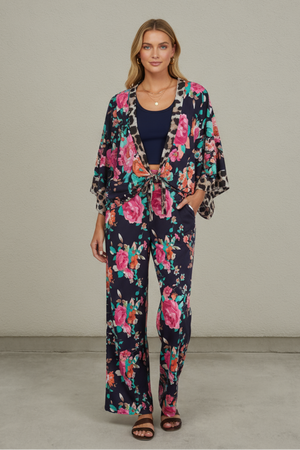 Mix print kimono and pants resort set