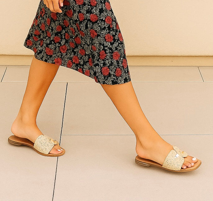 RAFFIA RADIANCE BOHO GOLD STUD SANDALS