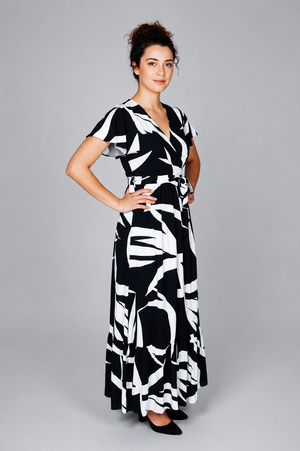 Black and white floral maxi dress, side view