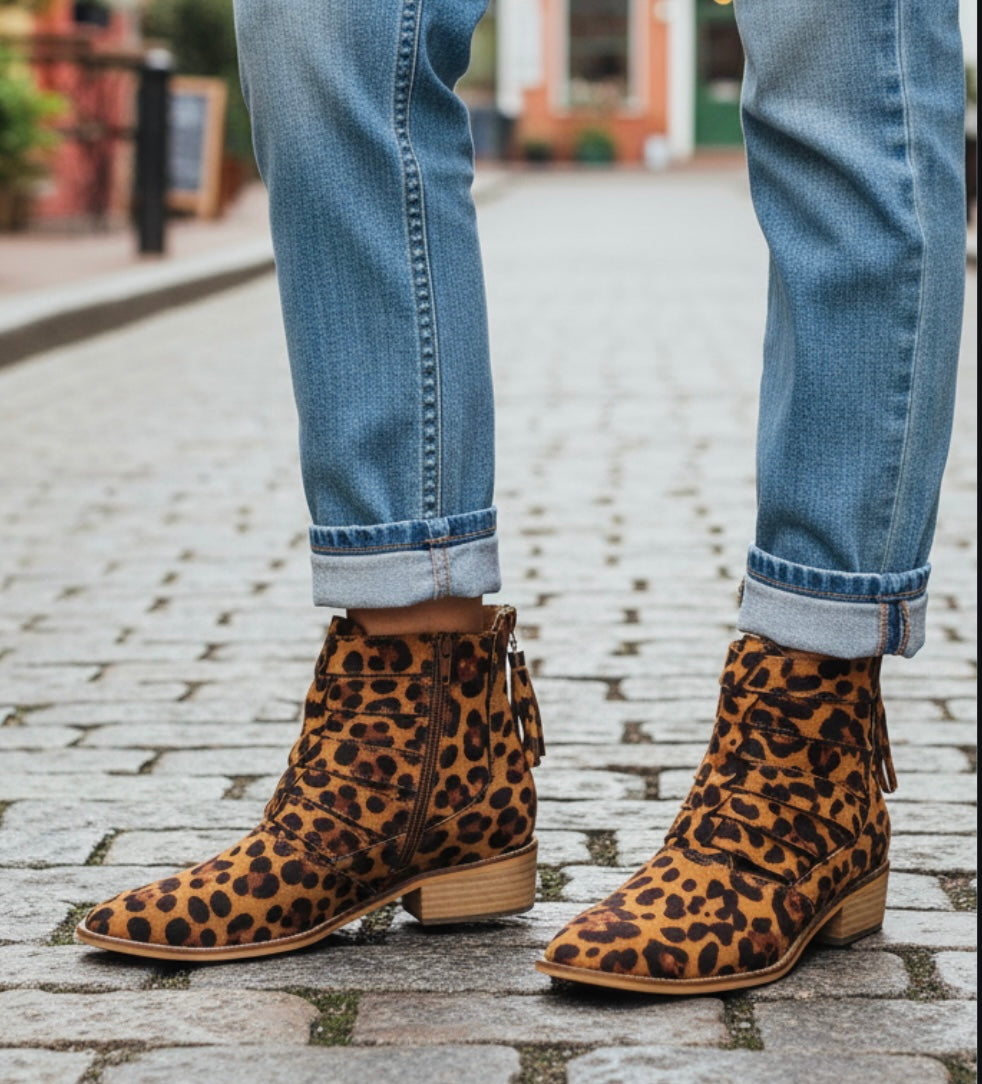 Chloe Leopard Faux Suede Print Cutout Ankle Booties