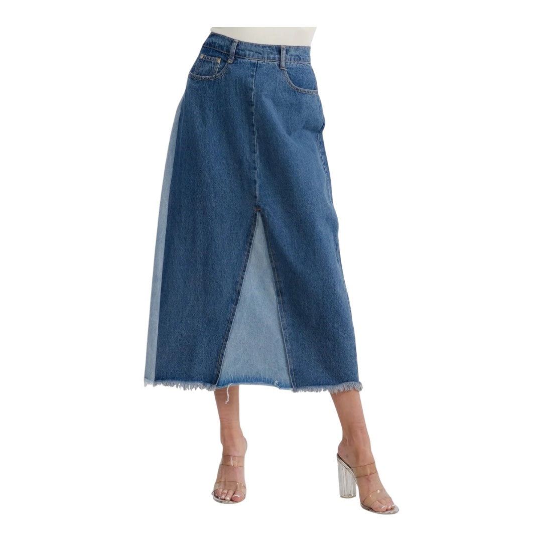 PATCHWORK BLUES BUTTON 2-TONE DENIM MIDI SKIRT