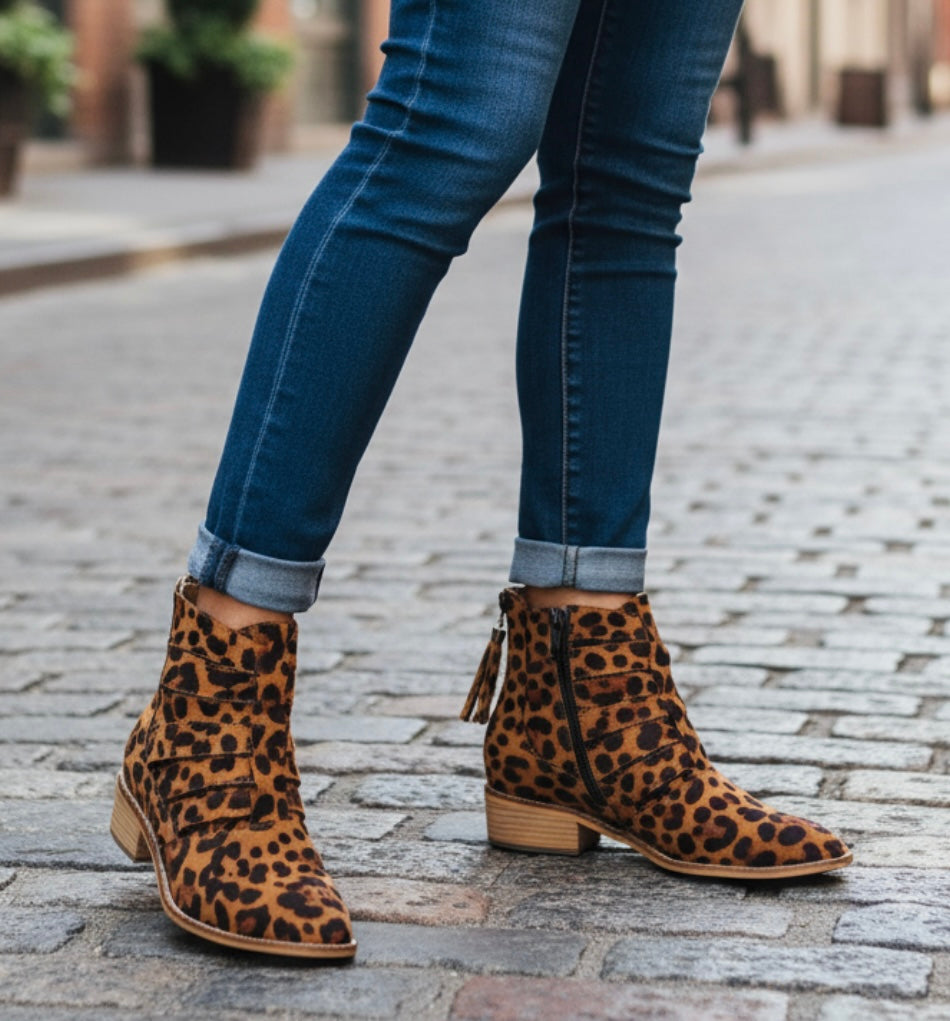 Chloe Leopard Faux Suede Print Cutout Ankle Booties