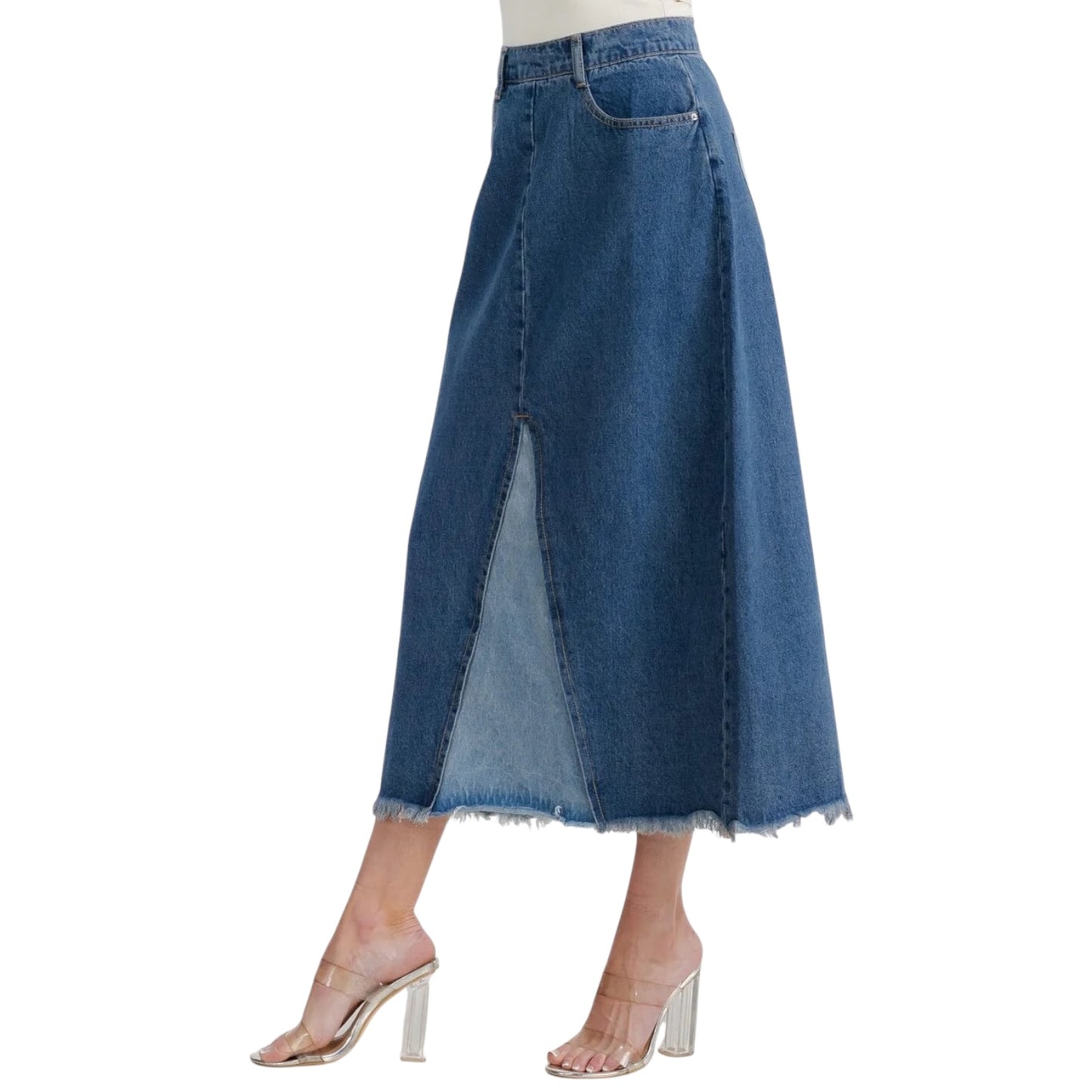 PATCHWORK BLUES BUTTON 2-TONE DENIM MIDI SKIRT