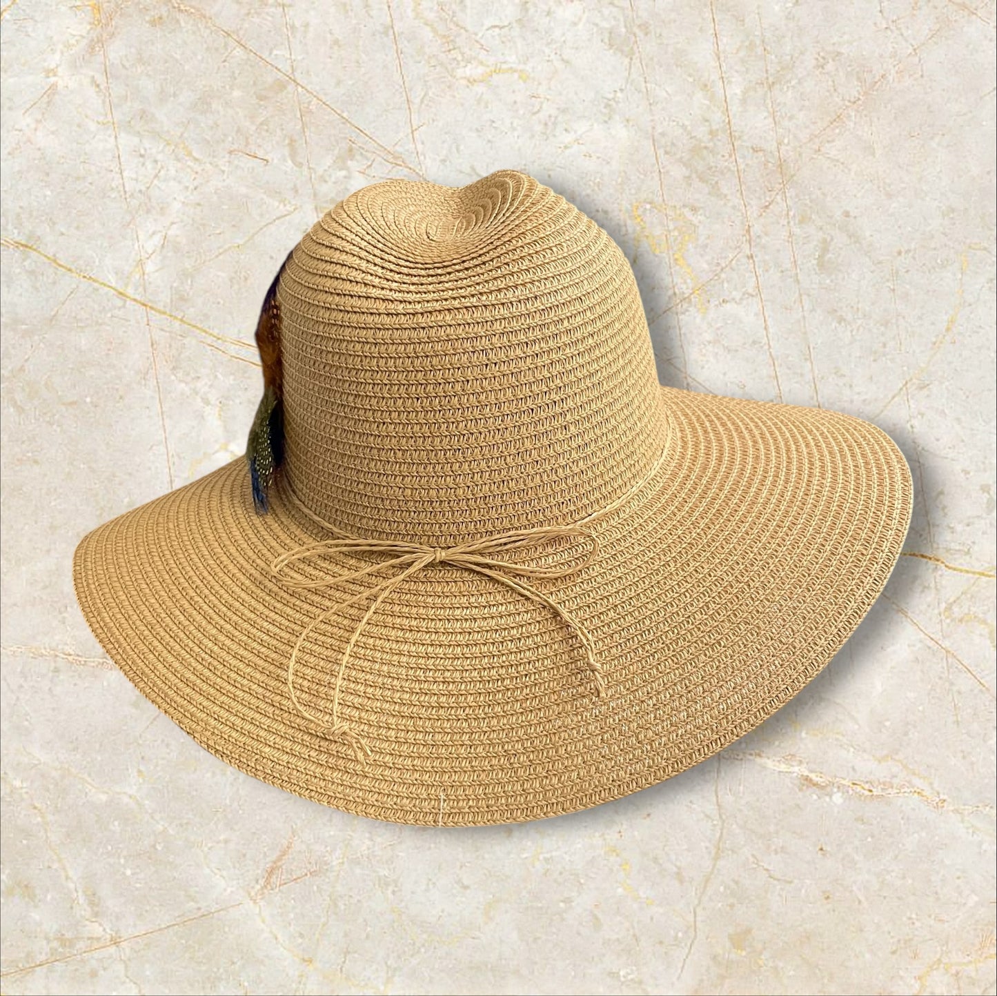 Handmade Feather Design Tan Floppy Fedora Straw Sun Hat