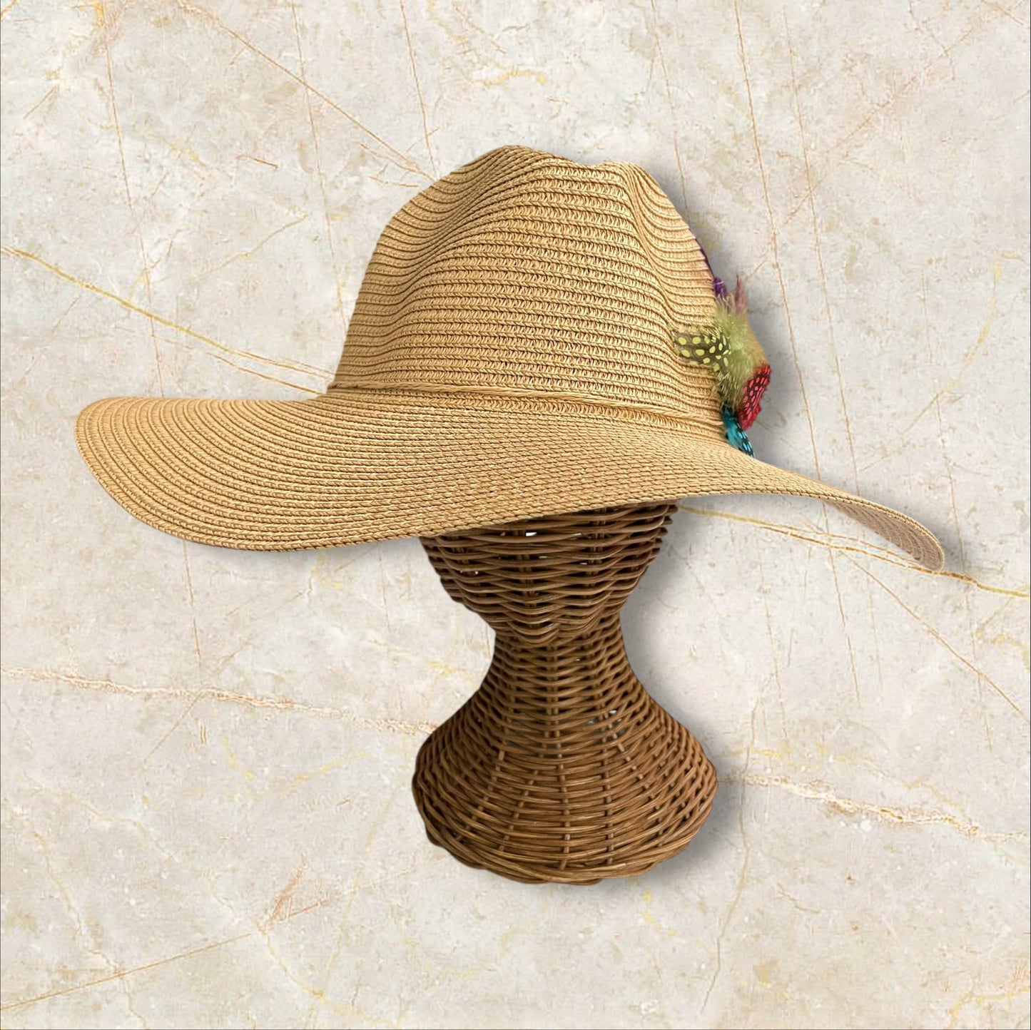 Handmade Feather Design Tan Floppy Fedora Straw Sun Hat