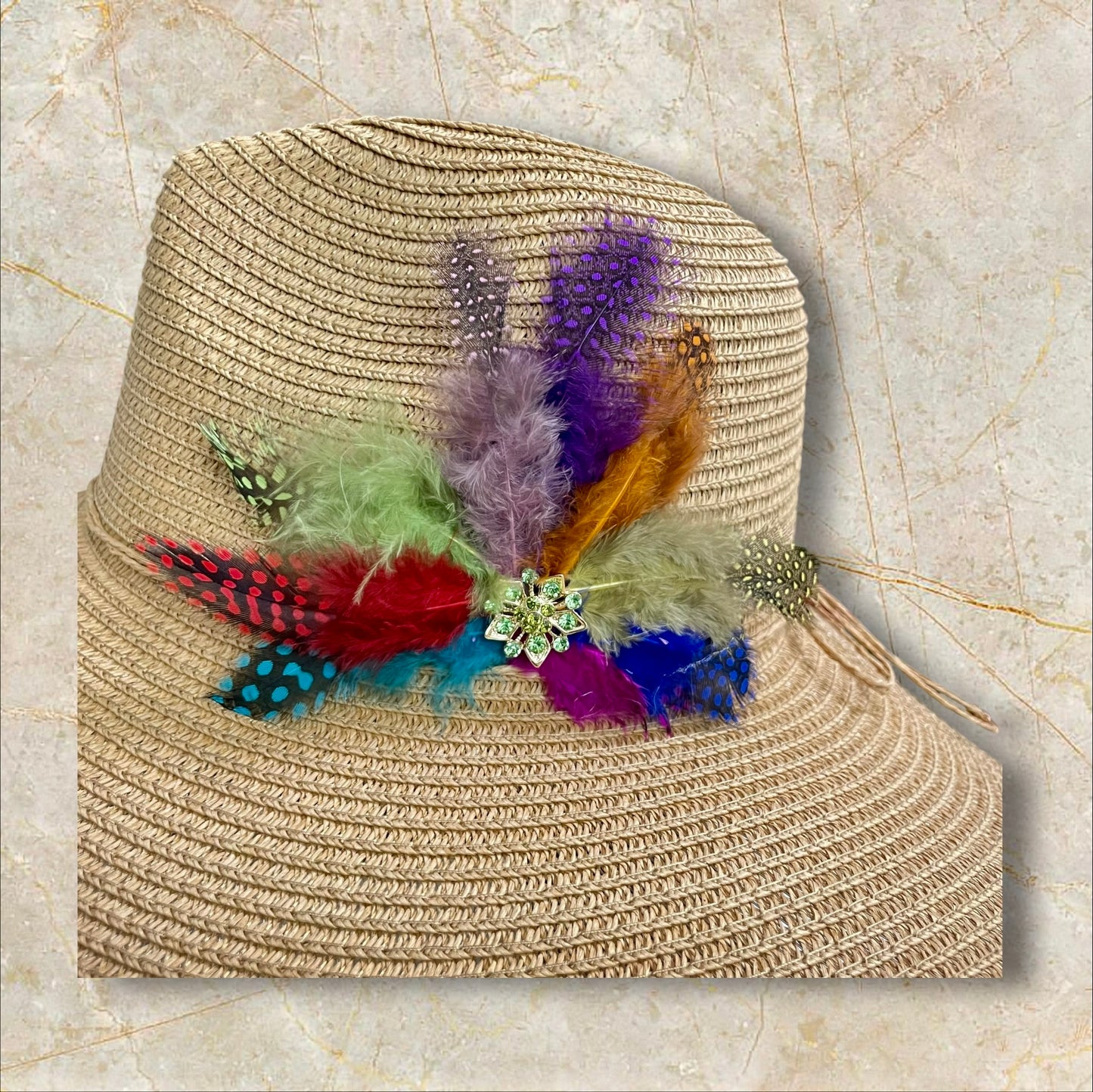 Handmade Feather Design Tan Floppy Fedora Straw Sun Hat