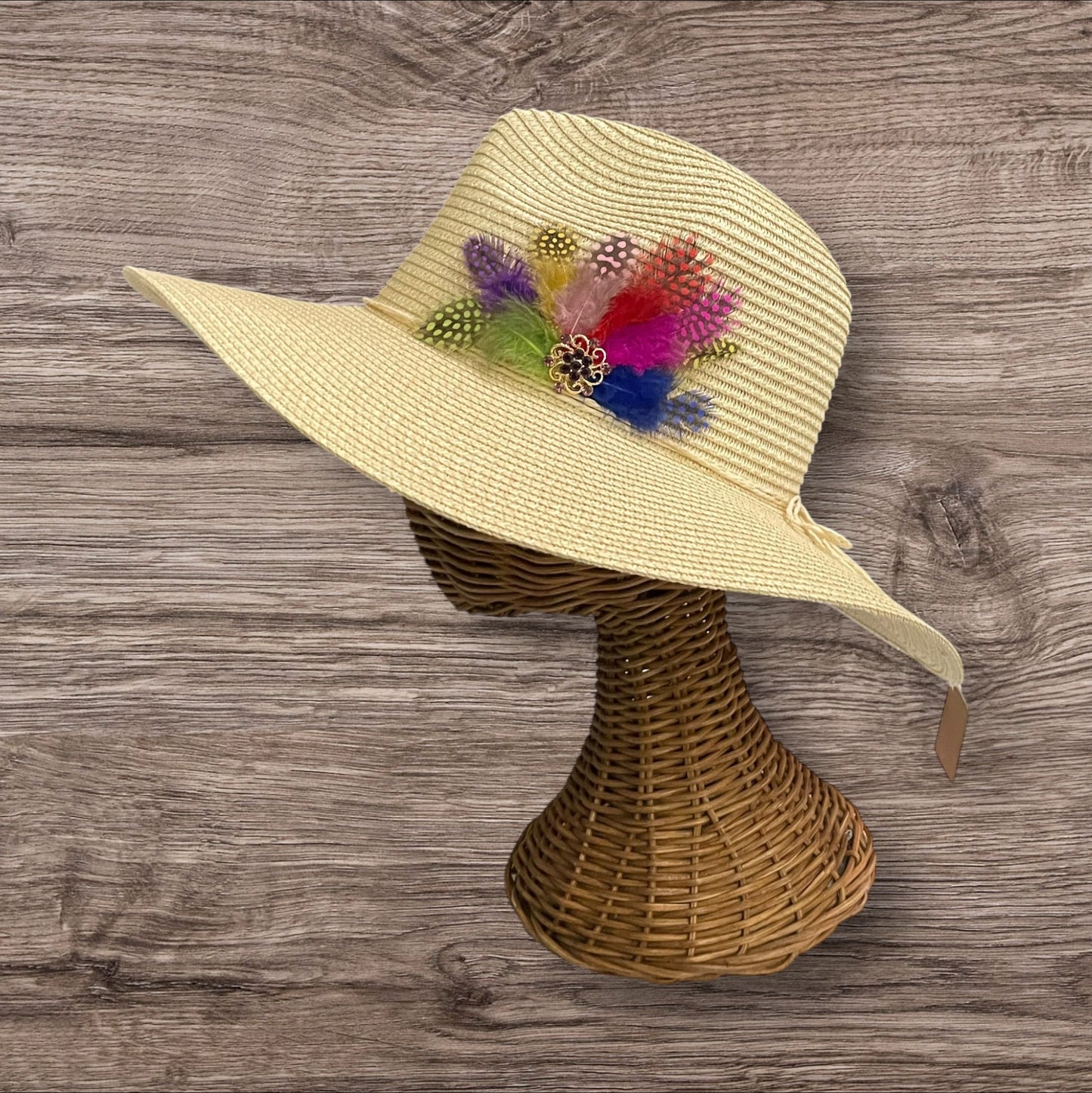 Handmade Feather Design Ivory Floppy Fedora Straw Sun Hat