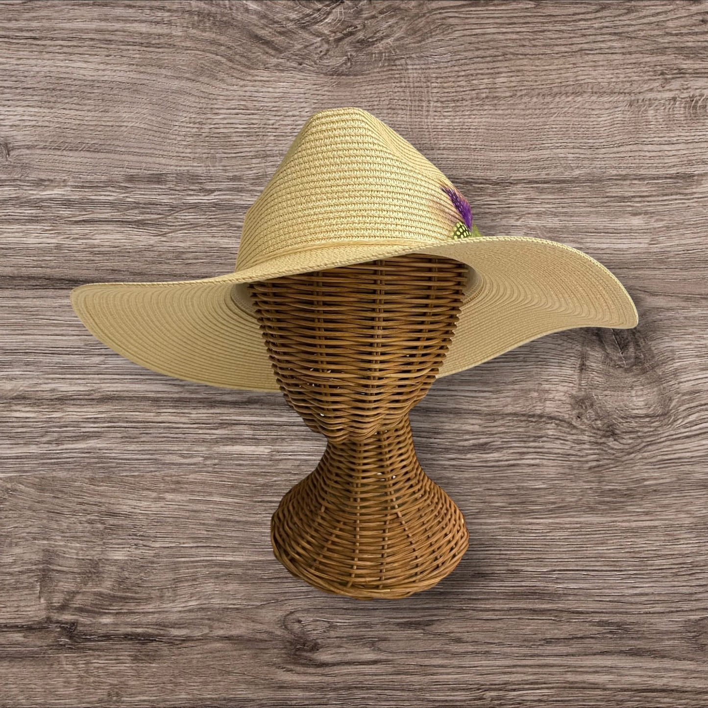 Handmade Feather Design Ivory Floppy Fedora Straw Sun Hat