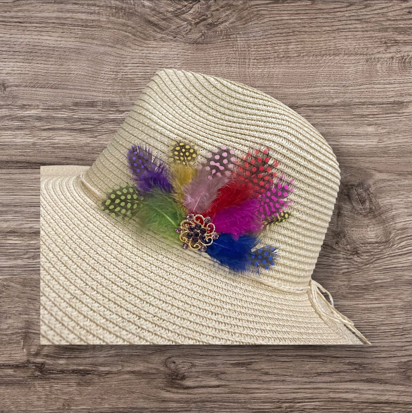Handmade Feather Design Ivory Floppy Fedora Straw Sun Hat