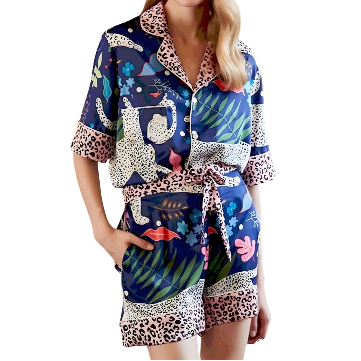 Blue Leopard Trim Satin Pajama Set