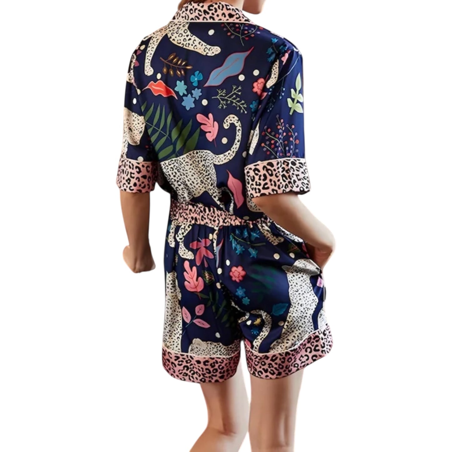 Blue Leopard Trim Satin Pajama Set