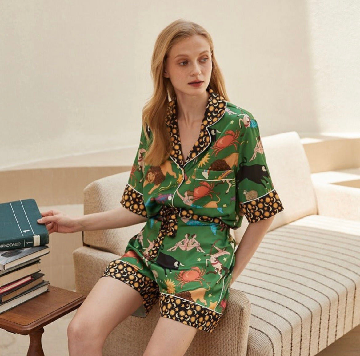 Green Moon & Star Trim Astrology Print Two Piece Pajama Set