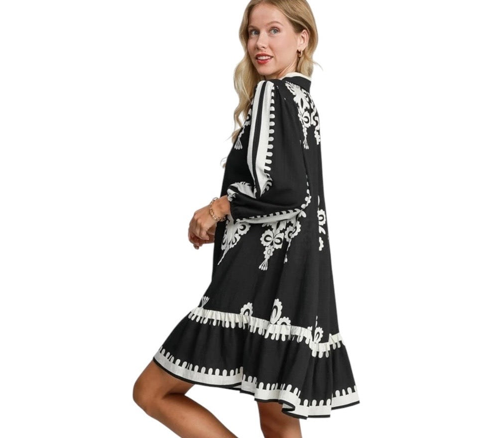 NOIR FLEUR SWING TUNIC BORDER PAISLEY TIERED HEM DRESS