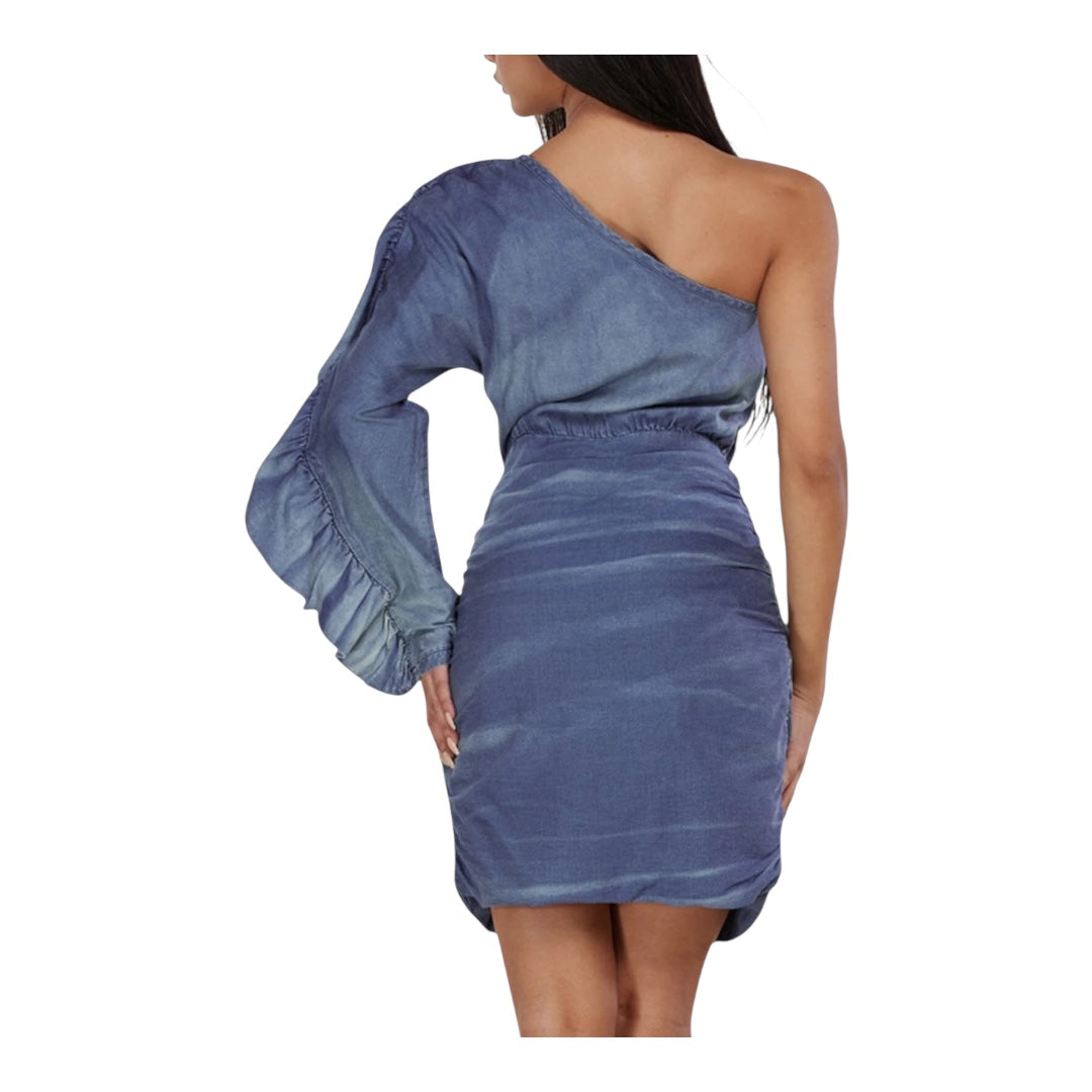 BLUE ONE SHOULDER CHAMBRAY RUCHED TIE DYE MINI DRESS
