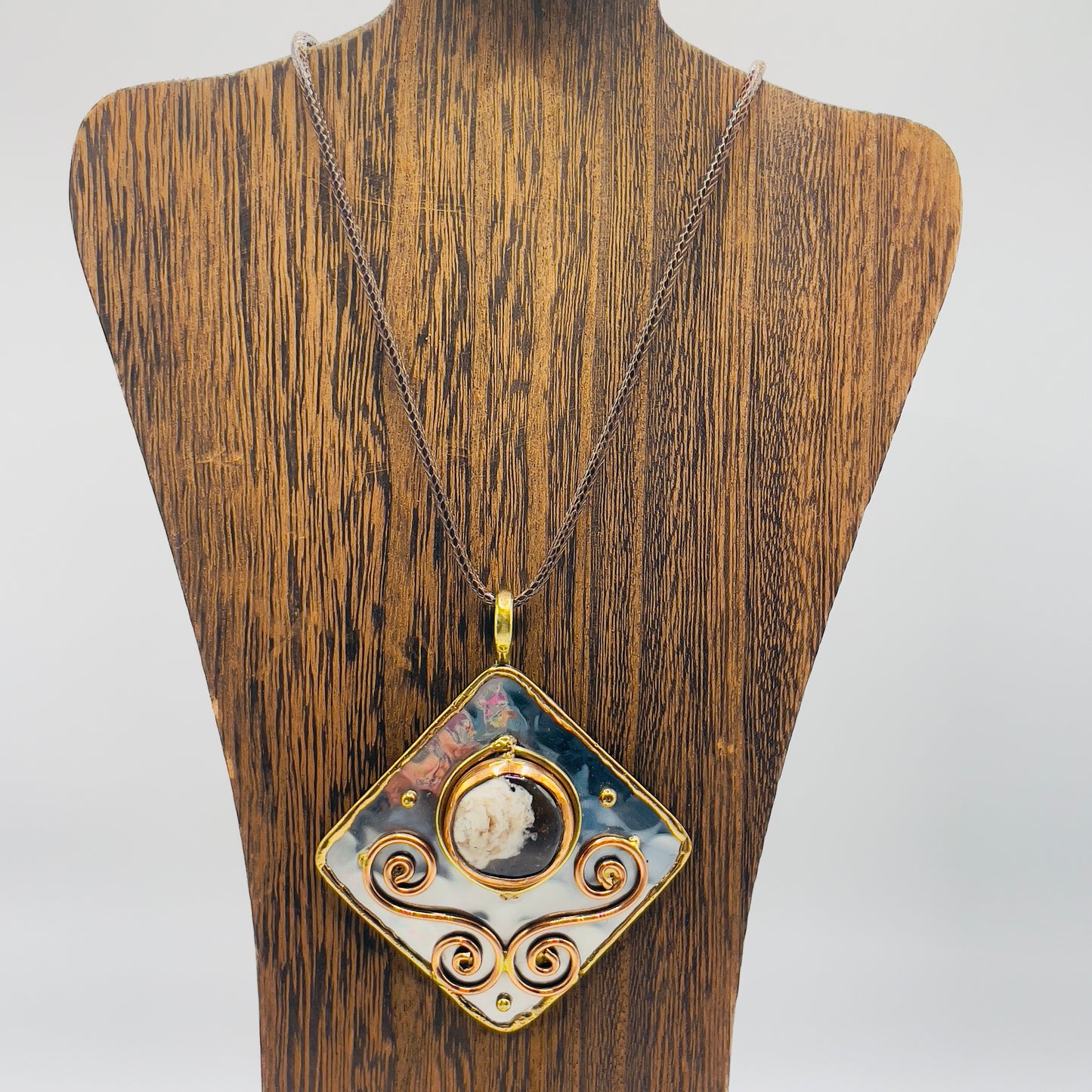 Stainless Steel Mix Metal Brown Cream Gemstone Pendant Brass/ Copper with Leather Cord