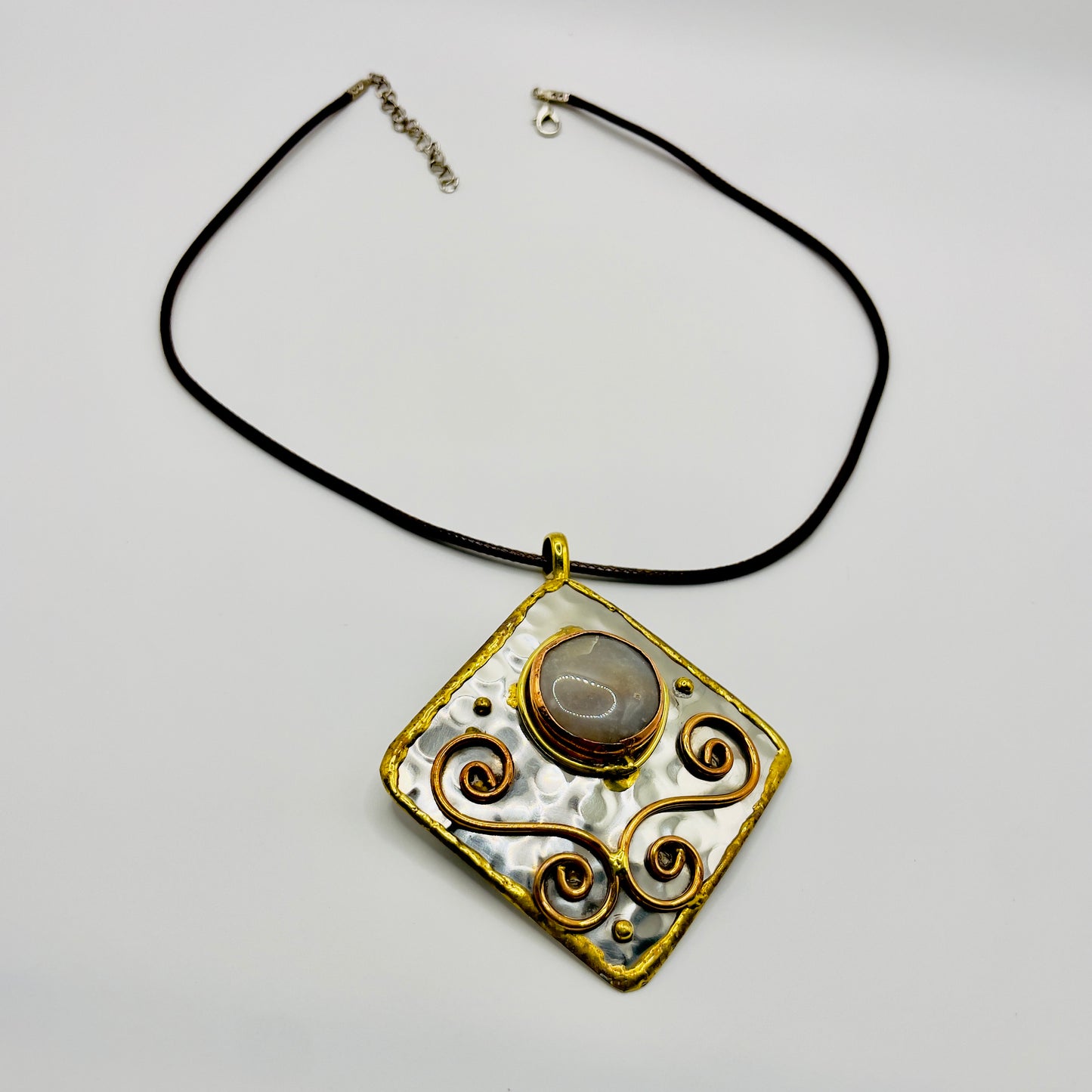 Stainless Steel Mix Metal Milky Cream Gemstone Pendant Brass/ Copper with Leather Cord