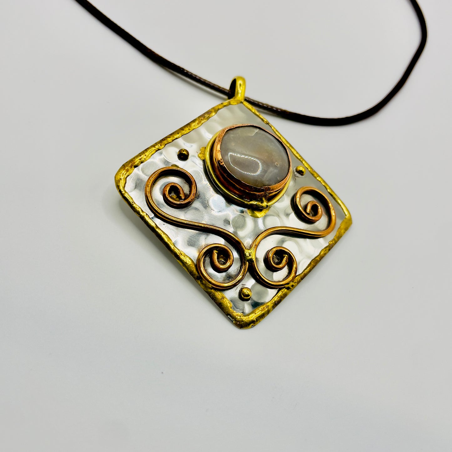 Stainless Steel Mix Metal Milky Cream Gemstone Pendant Brass/ Copper with Leather Cord