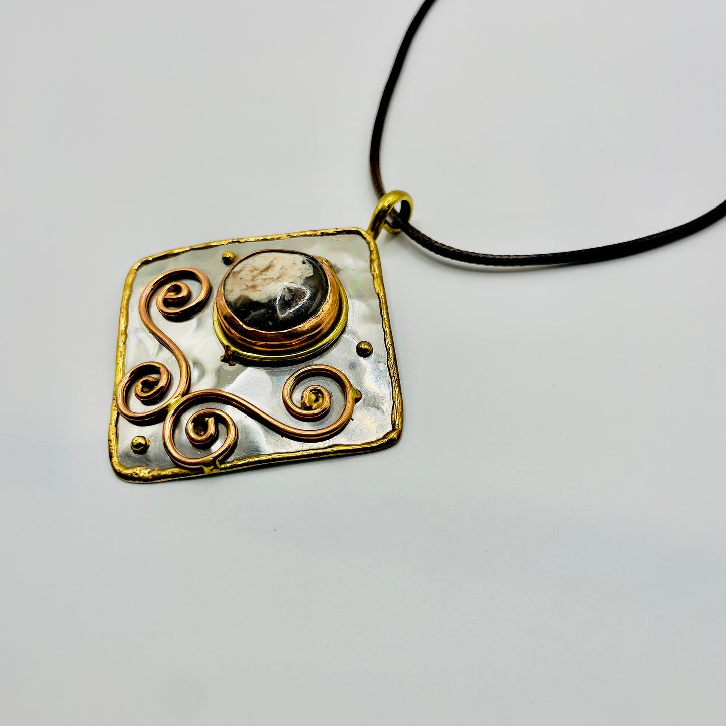 Stainless Steel Mix Metal Brown Cream Gemstone Pendant Brass/ Copper with Leather Cord