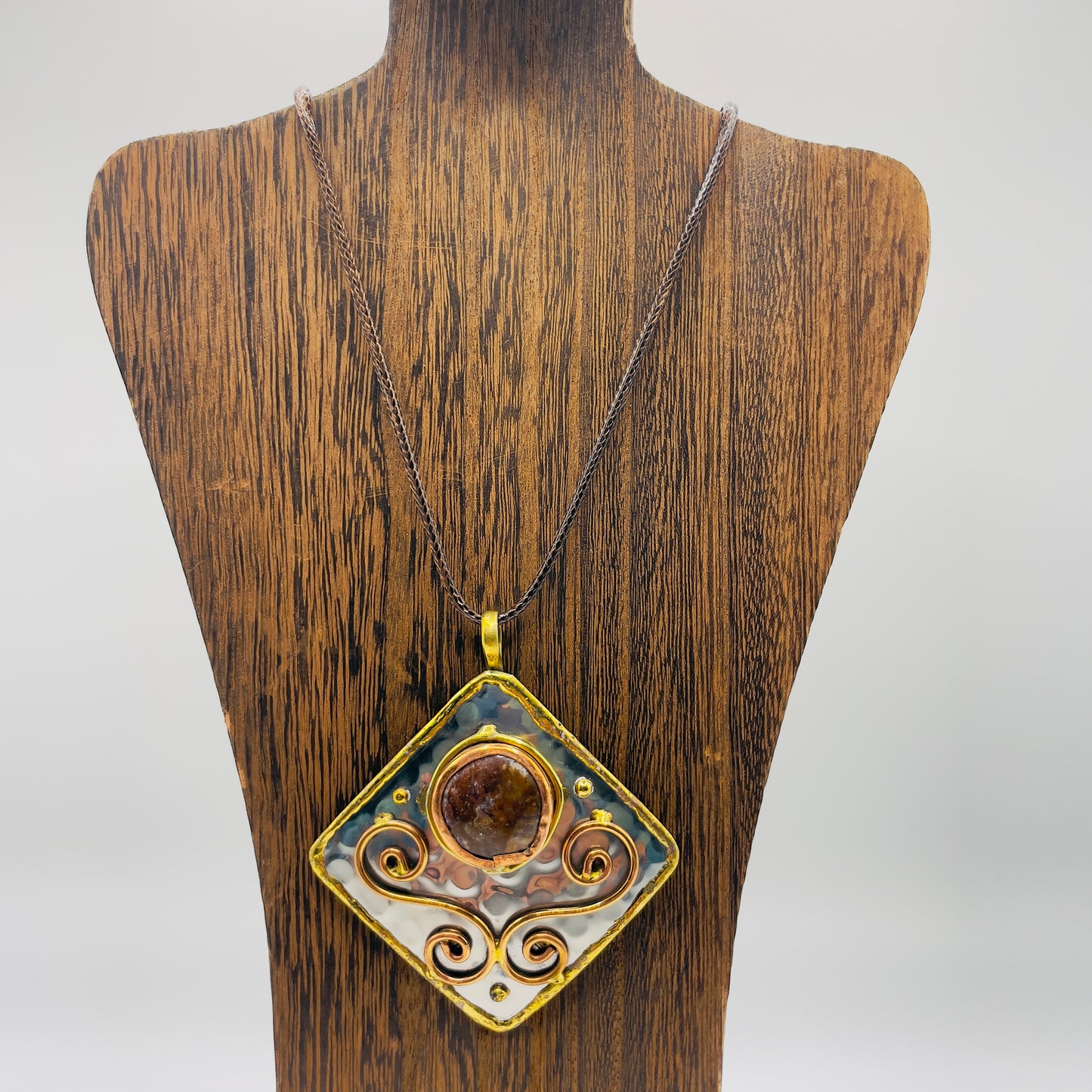 Stainless Steel Mix Metal Brown Gemstone Pendant Brass/ Copper with Leather Cord