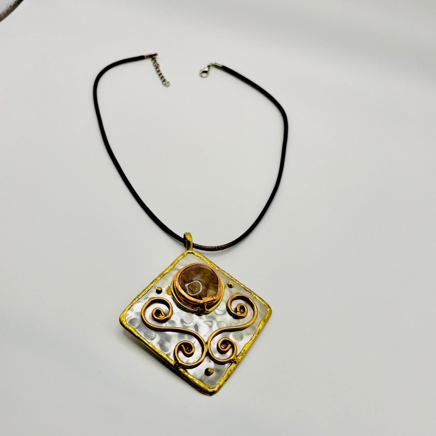 Stainless Steel Mix Metal Brown Gemstone Pendant Brass/ Copper with Leather Cord