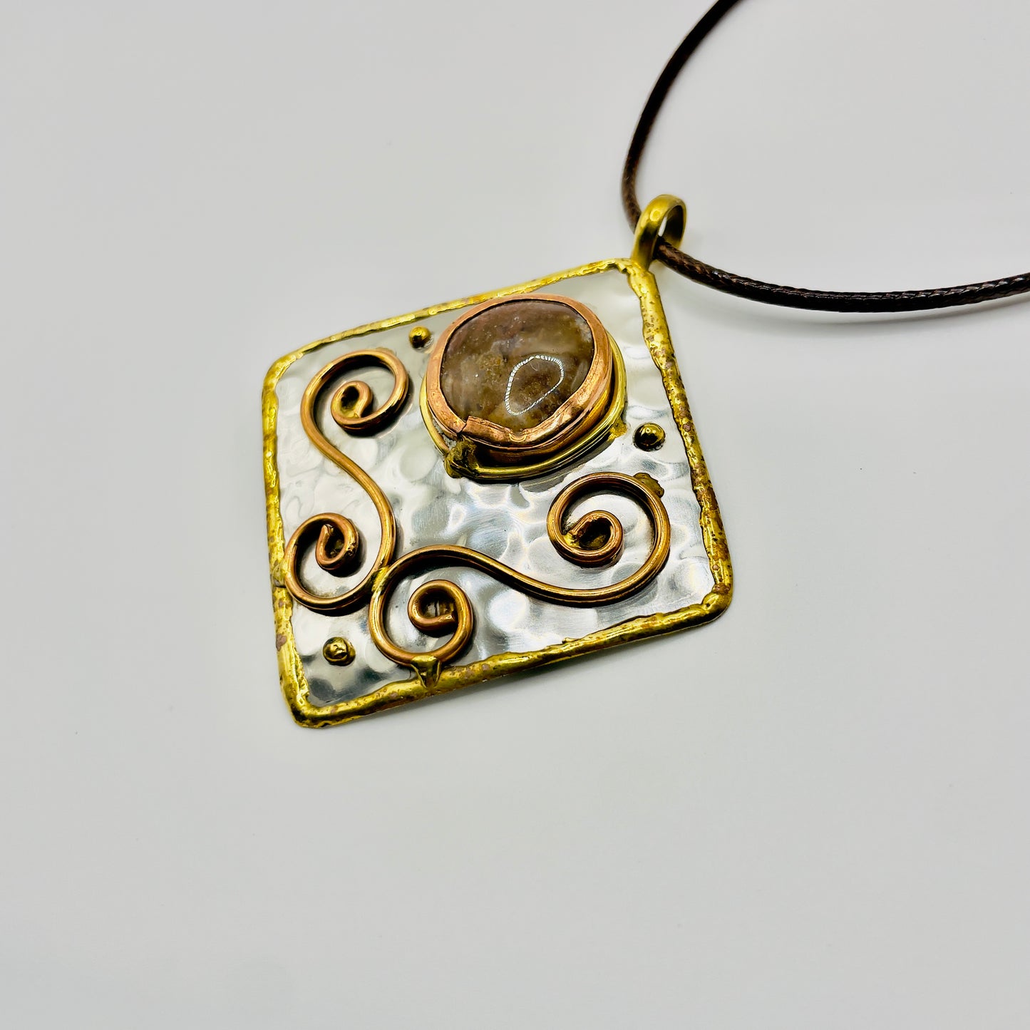 Stainless Steel Mix Metal Brown Gemstone Pendant Brass/ Copper with Leather Cord