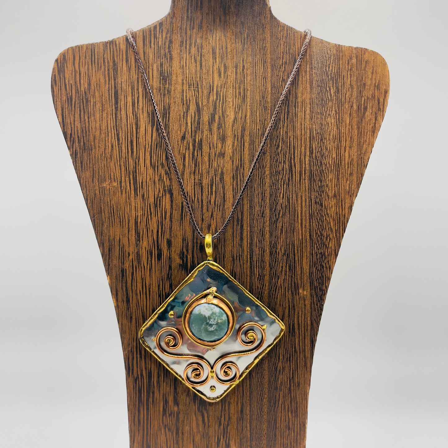 Stainless Steel Mixed Metal Green Gemstone Pendant Brass/ Copper with Leather Cord