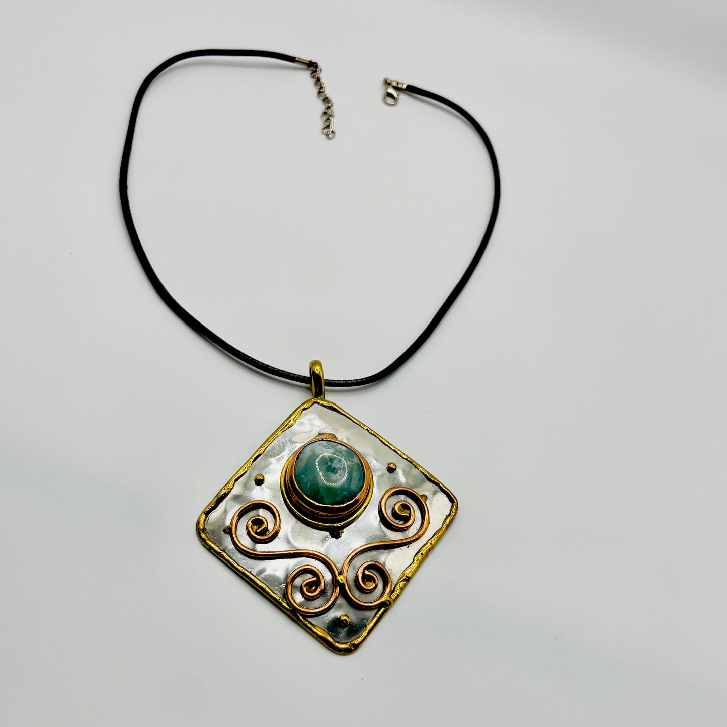 Stainless Steel Mixed Metal Green Gemstone Pendant Brass/ Copper with Leather Cord