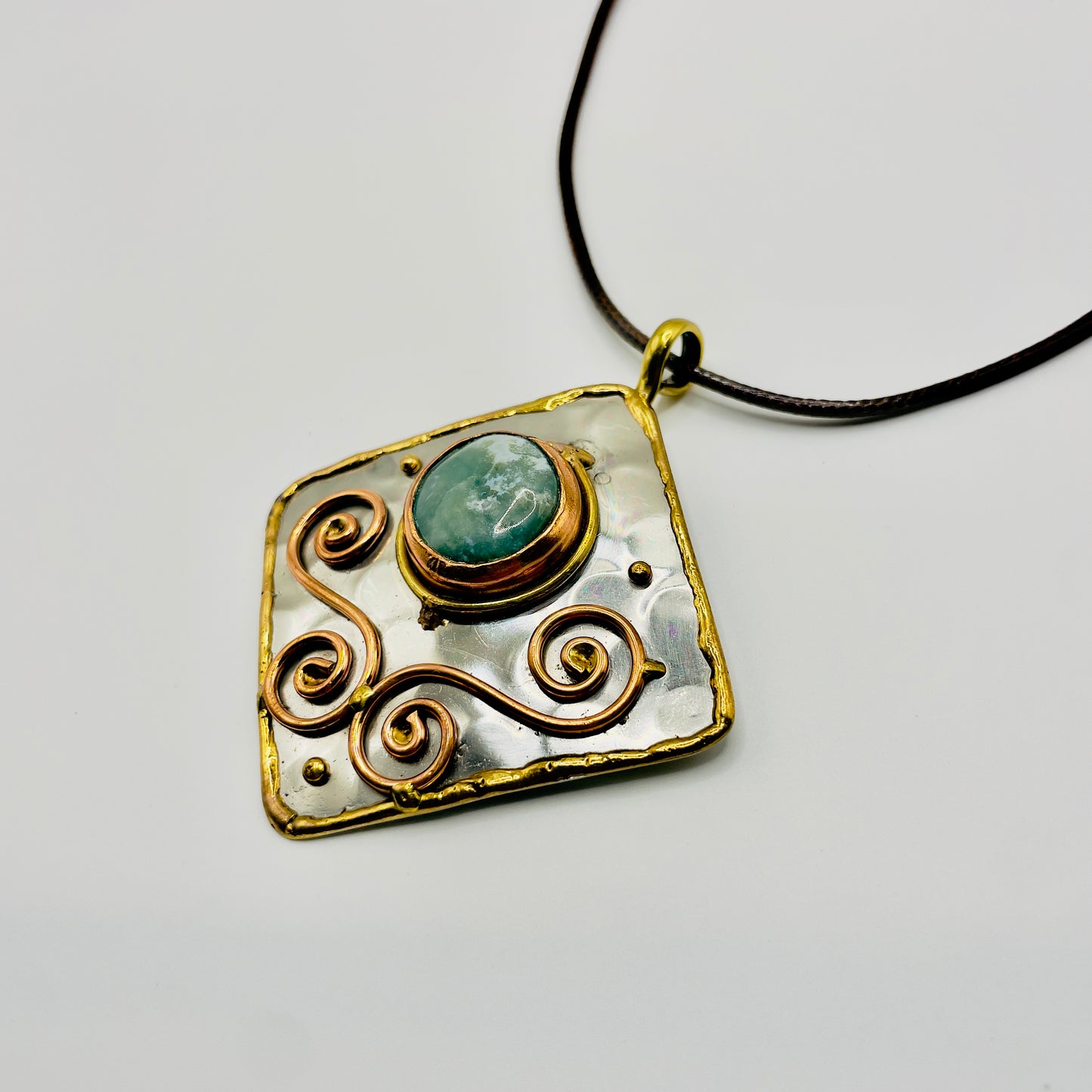 Stainless Steel Mixed Metal Green Gemstone Pendant Brass/ Copper with Leather Cord