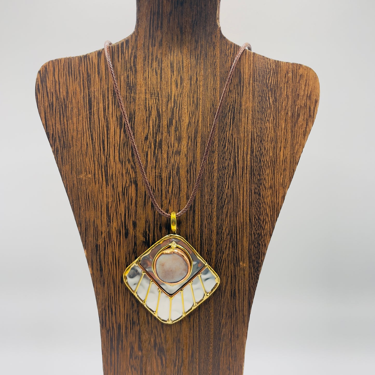 Stainless Steel Mix Metal Milky Gemstone Pendant Brass/ Copper with Leather Cord