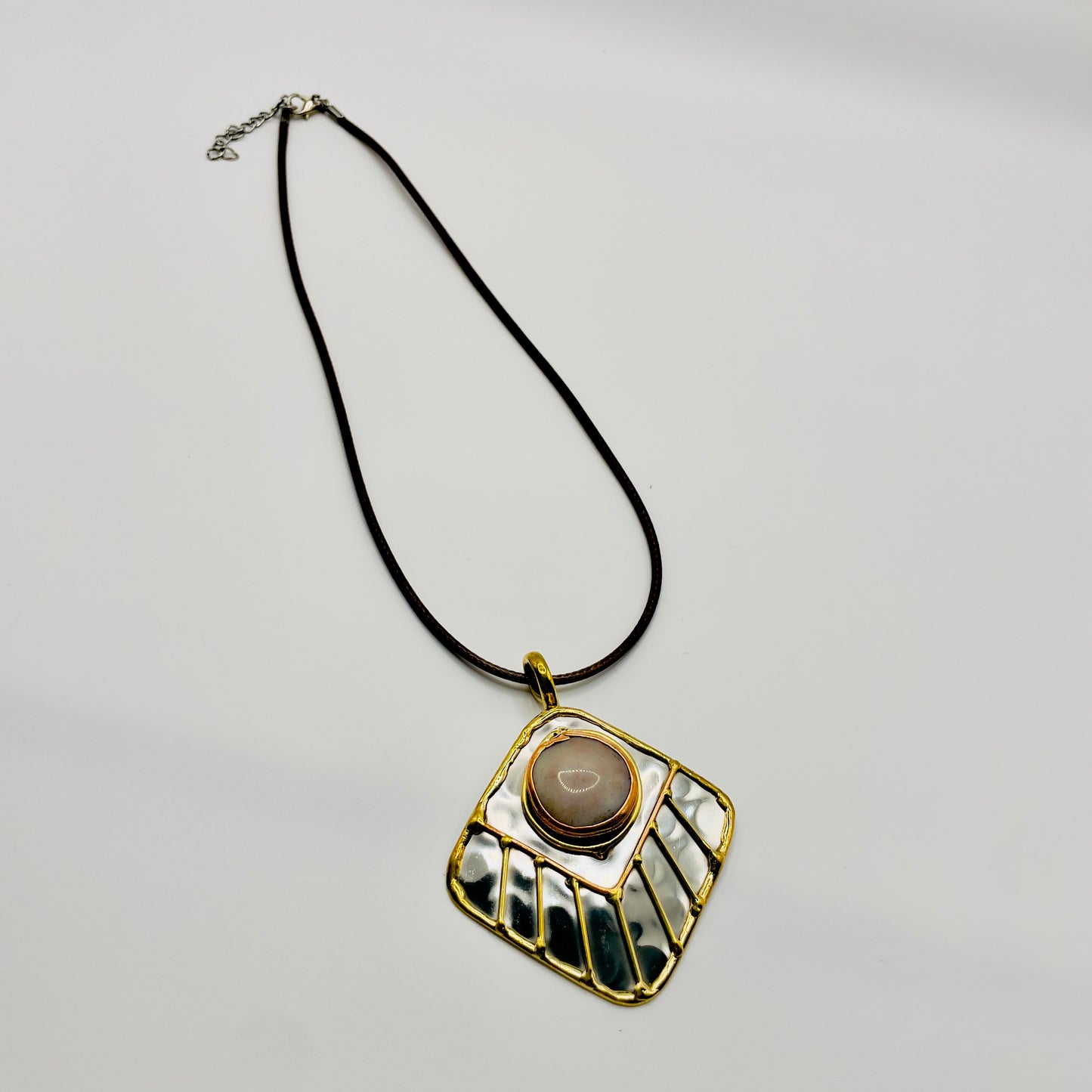 Stainless Steel Mix Metal Milky Gemstone Pendant Brass/ Copper with Leather Cord