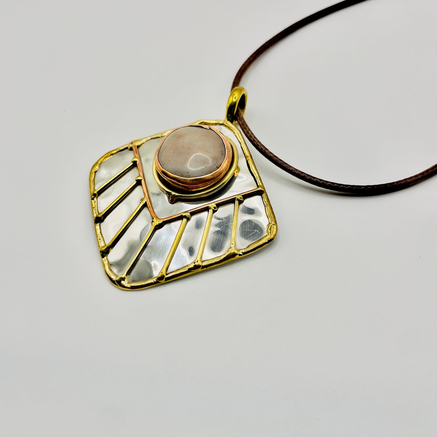 Stainless Steel Mix Metal Milky Gemstone Pendant Brass/ Copper with Leather Cord