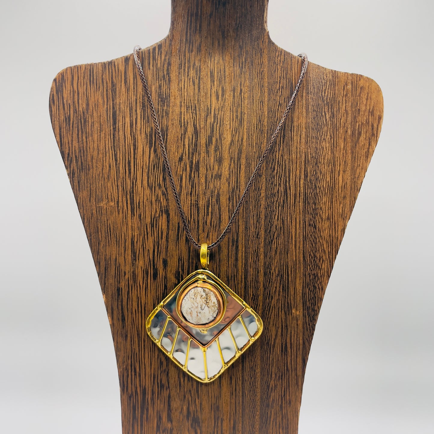 Stainless Steel Mix Metal Cream Gemstone Pendant Brass/ Copper with Leather Cord