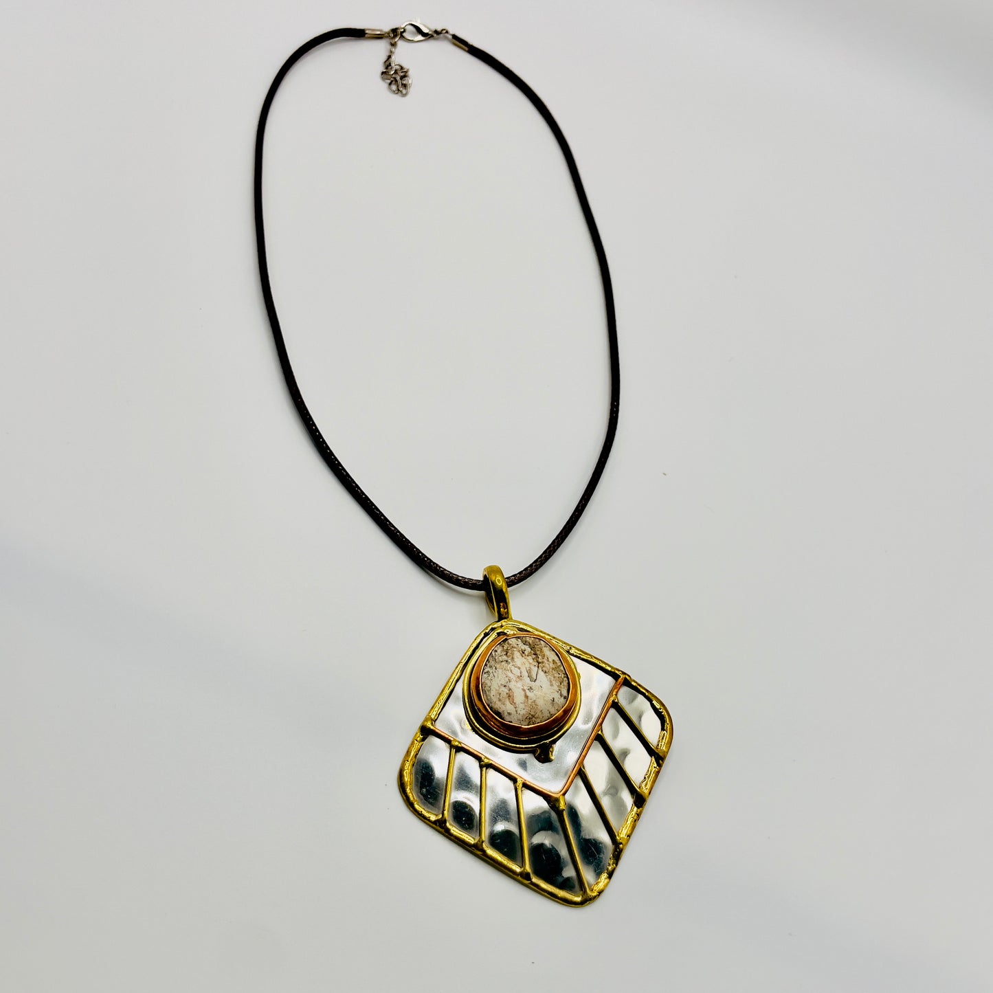 Stainless Steel Mix Metal Cream Gemstone Pendant Brass/ Copper with Leather Cord