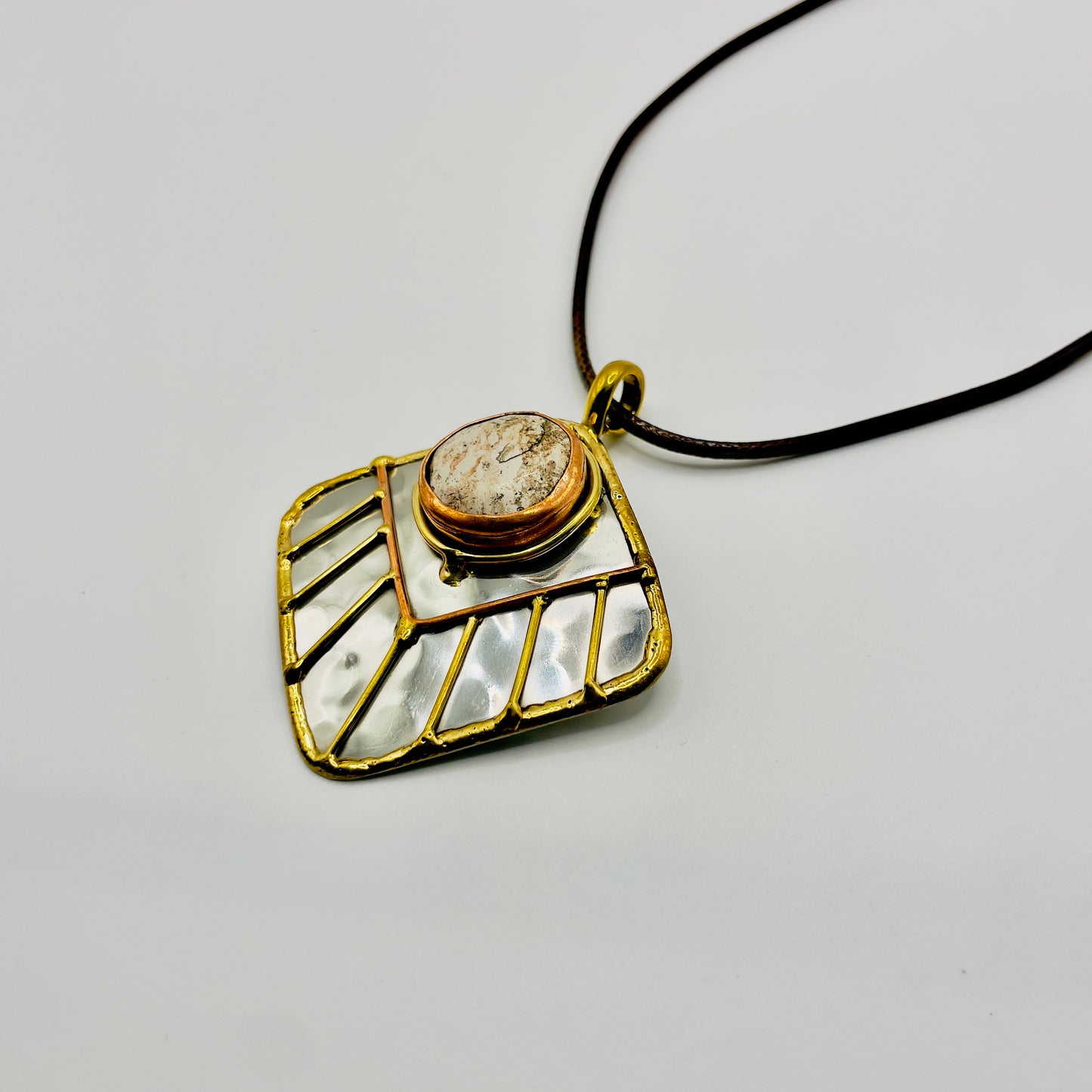 Stainless Steel Mix Metal Cream Gemstone Pendant Brass/ Copper with Leather Cord