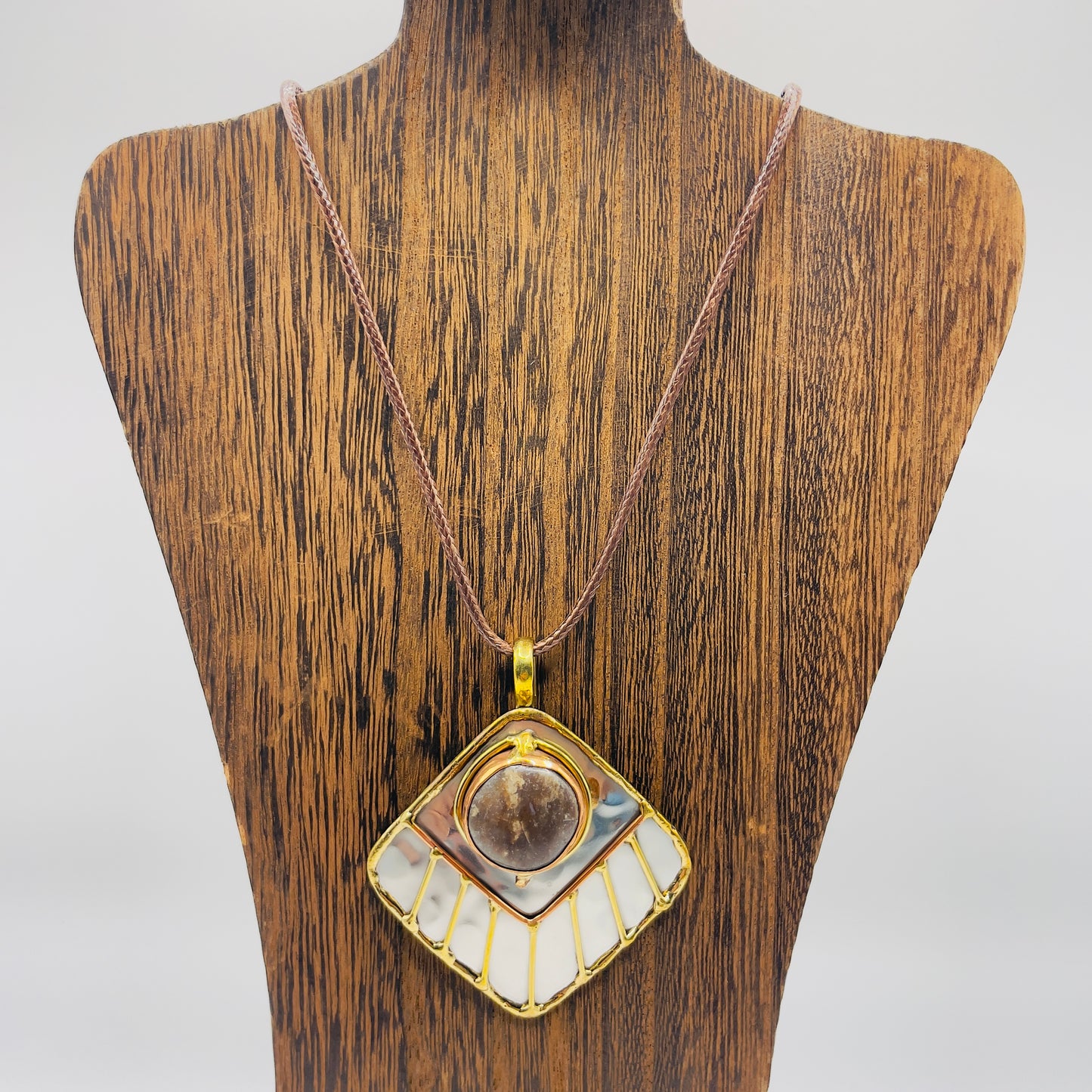 Stainless Steel Mix Metal Brown Cream Gemstone Pendant Brass/ Copper with Leather Cord