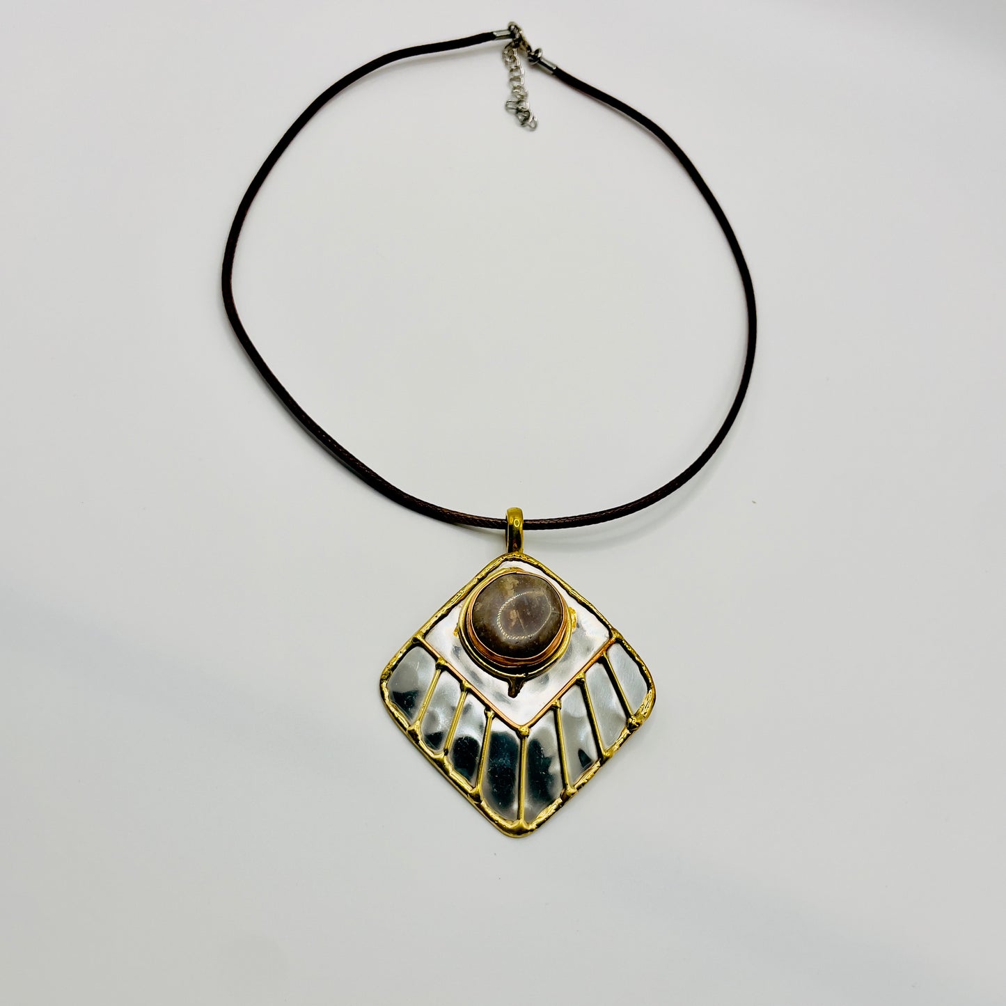 Stainless Steel Mix Metal Brown Cream Gemstone Pendant Brass/ Copper with Leather Cord