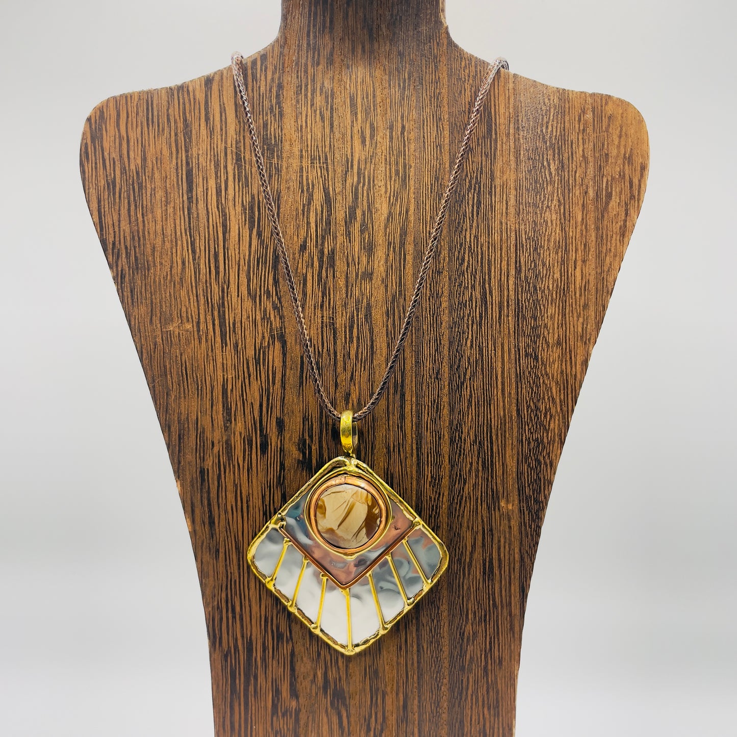 Stainless Steel Mix Metal Cream Brown Gemstone Pendant Brass/ Copper with Leather Cord