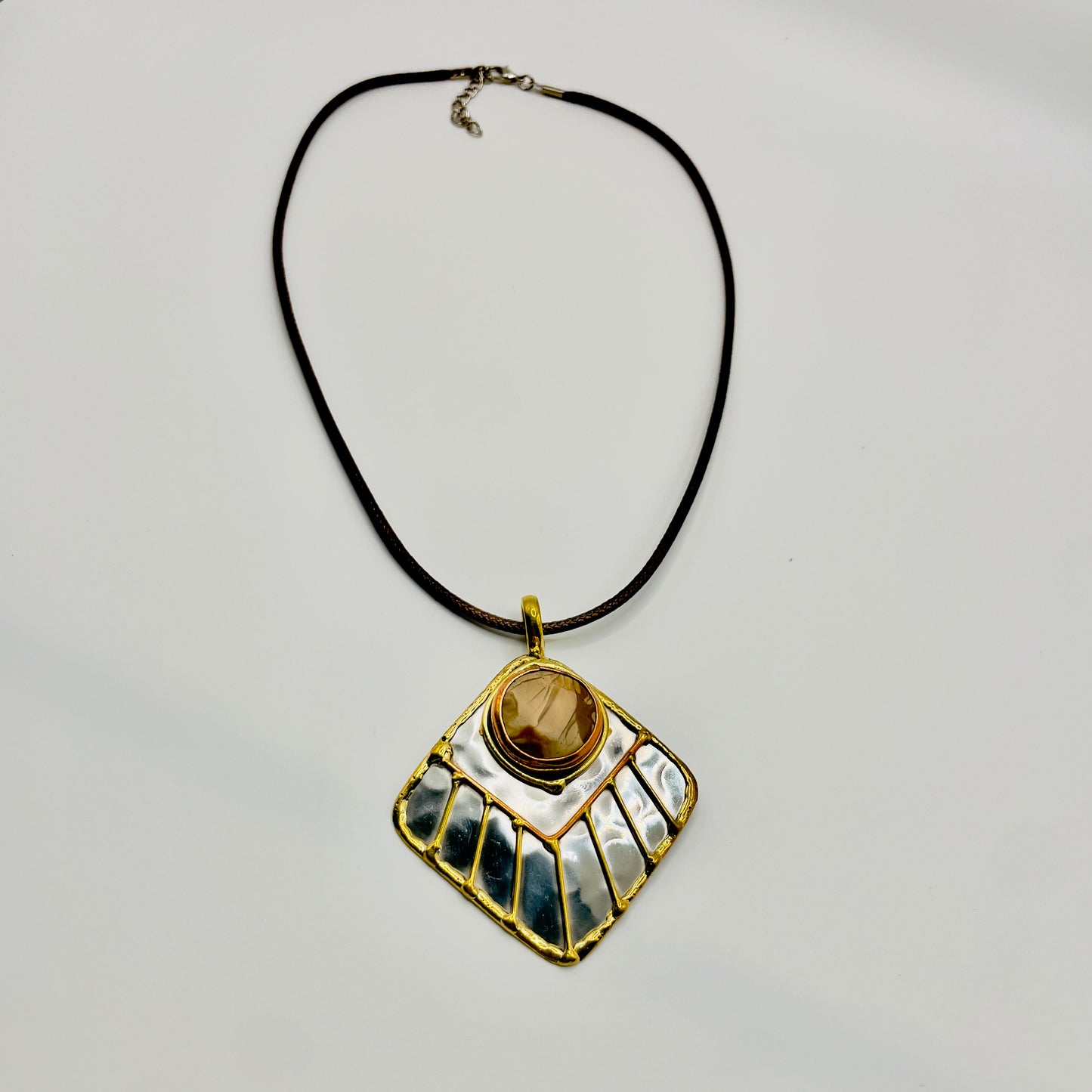 Stainless Steel Mix Metal Cream Brown Gemstone Pendant Brass/ Copper with Leather Cord