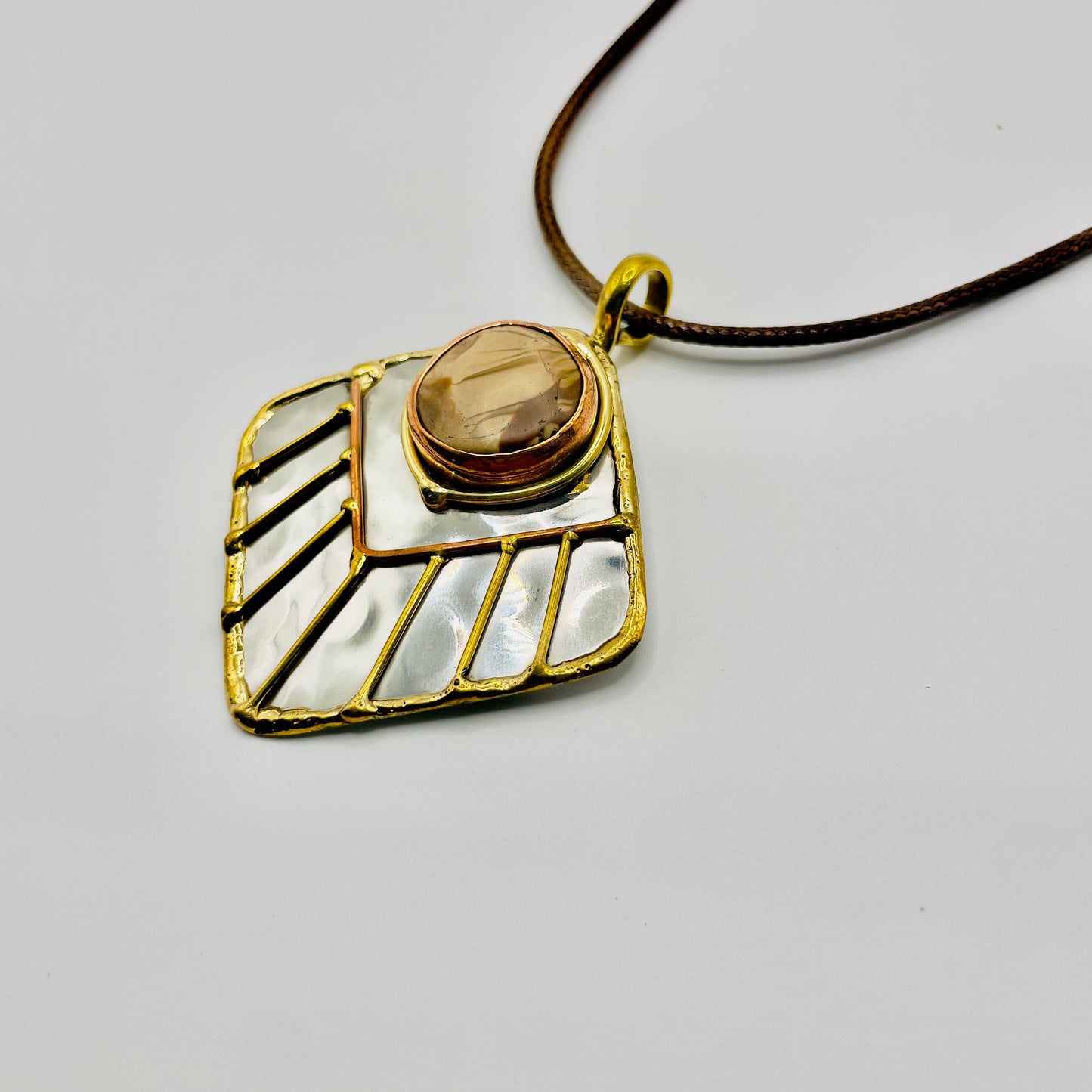 Stainless Steel Mix Metal Cream Brown Gemstone Pendant Brass/ Copper with Leather Cord